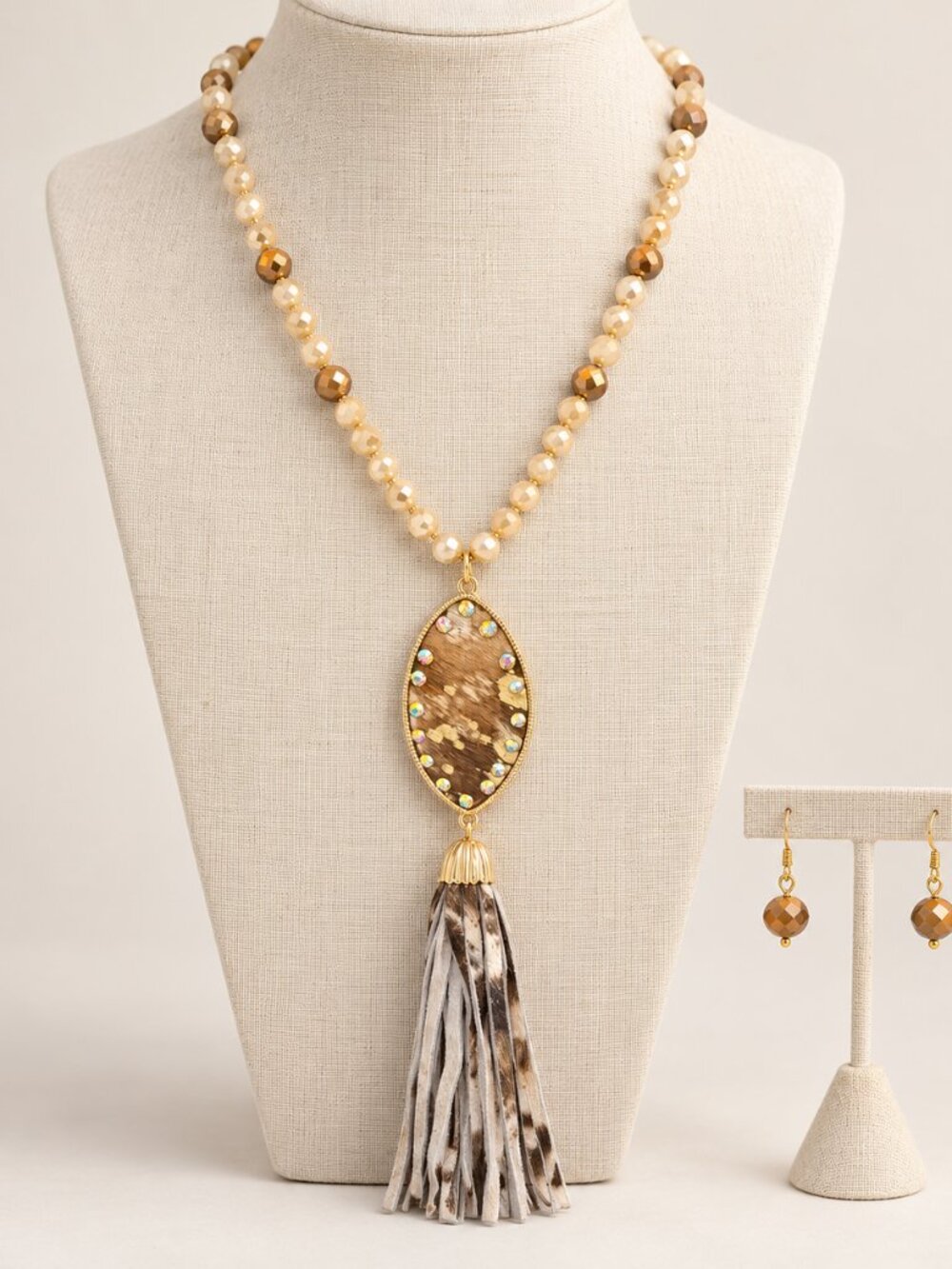 Caramel Cream Tassel Necklace & Earring Set